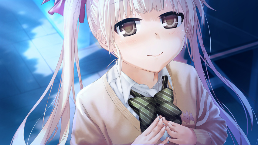 blonde_hair blurry blurry_background blush bow bowtie brown_eyes closed_mouth collared_shirt diagonal_stripes dress_shirt female game_cg green_bow green_bowtie hair_ribbon kaizou_momo kurono_mitsuki long_hair long_sleeves looking_up pink_ribbon print_sweater re:lief_~shin'ai_naru_anata_e~ ribbon school_uniform shirt smile solo striped striped_bow sweater twintails upper_body white_shirt wing_collar yellow_sweater