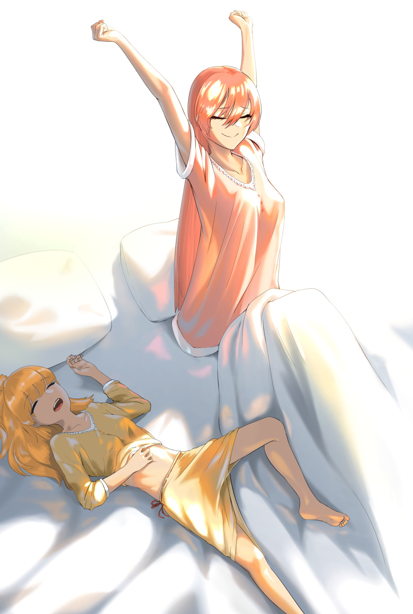 2girls absurdres barefoot bed bed_sheet blonde_hair breasts changetofantasy closed_eyes clothes_lift collarbone hair_between_eyes highres idolmaster idolmaster_cinderella_girls jougasaki_mika jougasaki_rika long_hair lying medium_breasts messy_sleeper midriff multiple_girls on_back on_bed open_mouth pajamas pillow pink_hair ponytail see-through see-through_silhouette shirt_lift siblings sidelighting sisters sitting sleeping small_breasts smile stretching under_covers waking_up