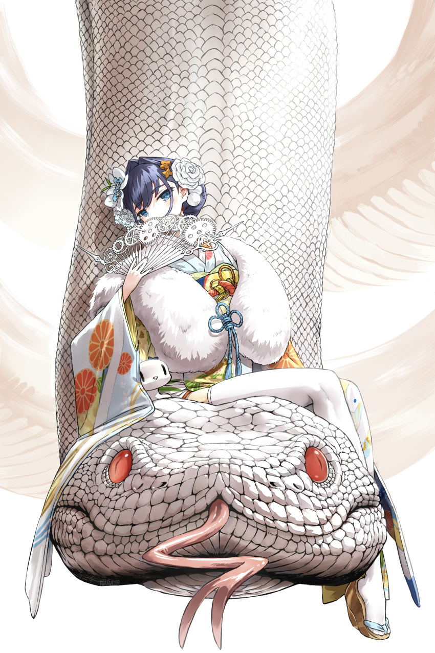 animal blue_eyes blue_hair boros_(ouro_kronii) covered_mouth covering_own_mouth female flower forked_tongue giant_snake hair_flower hair_ornament hand_fan haraya_manawari highres holding holding_fan hololive hololive_english japanese_clothes kimono long_sleeves looking_at_viewer ouro_kronii ouro_kronii_(new_year) oversized_animal print_kimono riding short_hair sitting snake solo tabi thighhighs tongue virtual_youtuber white_flower white_kimono white_snake white_thighhighs