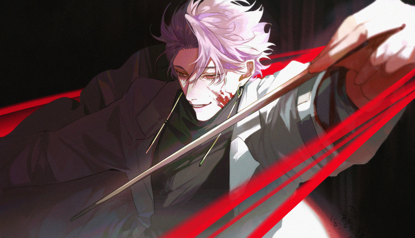 1boy absurdres black_background black_shirt blood blood_on_face coat commentary earrings film_grain grey_coat grin highres jewelry lapels long_sleeves male_focus no_gloves notched_lapels open_clothes open_coat pink_hair red_eyes saibou_shinkyoku shirt short_hair smile solo symbol-only_commentary theodore_riddle thoordinary upper_body variant_set