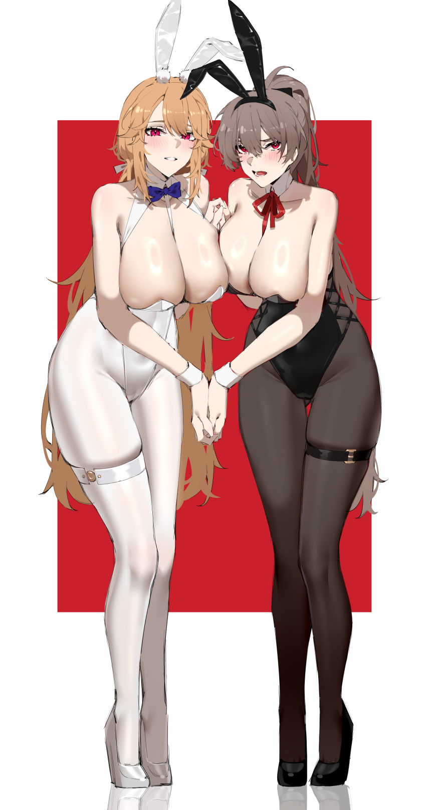 2girls absurdres alternate_breast_size alternate_costume animal_ears asymmetrical_docking azur_lane bare_shoulders black_footwear black_leotard black_pantyhose bow bowtie breast_press breasts brown_hair cleavage detached_collar fake_animal_ears full_body heart_arms_duo highleg highleg_leotard highres jean_bart_(azur_lane) large_breasts leotard long_hair looking_at_viewer multiple_girls orange_hair pantyhose playboy_bunny rabbit_ears red_background richelieu_(azur_lane) shoes simple_background strapless strapless_leotard thigh_strap traditional_bowtie two-tone_background very_long_hair white_background white_footwear white_leotard white_pantyhose wrist_cuffs wsfw