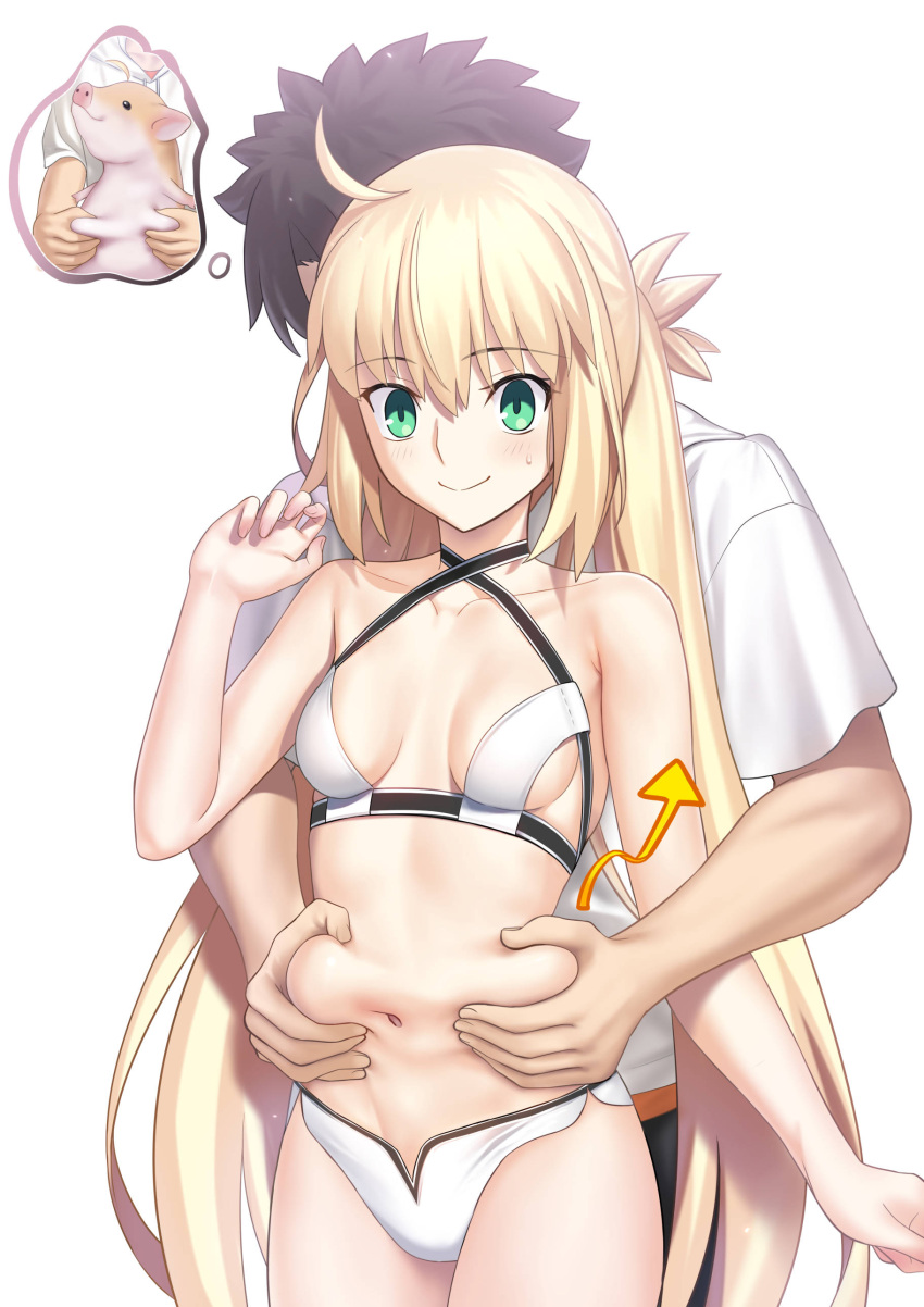 1boy absurdres ahoge artoria_caster_(fate) artoria_caster_(swimsuit)_(fate) artoria_caster_(swimsuit)_(first_ascension)_(fate) artoria_pendragon_(fate) belly_grab besmiled bikini blonde_hair breasts fate/grand_order fate_(series) female fujimaru_ritsuka_(male) green_eyes highres long_hair pig small_breasts smile solo_focus swimsuit thought_bubble twintails very_long_hair white_bikini