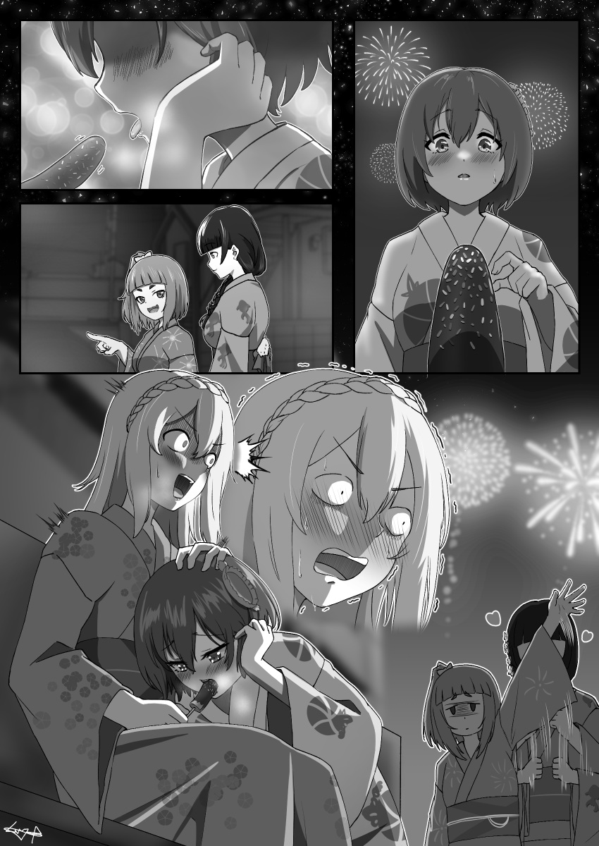 4girls absurdres aerial_fireworks blush braid brown_hair chocolate_banana crown_braid feeding fireworks floral_print food greyscale heart highres japanese_clothes kimono kouzuki_mahiru long_hair medium_hair monochrome multiple_girls mutsuki_(mutsuki0110) obi oerba_yun_fang open_mouth sash short_hair sidelocks sitting skin_fang standing takanashi_kim_anouk_mei watase_kiui yamanouchi_kano yoru_no_kurage_wa_oyogenai yukata yuri