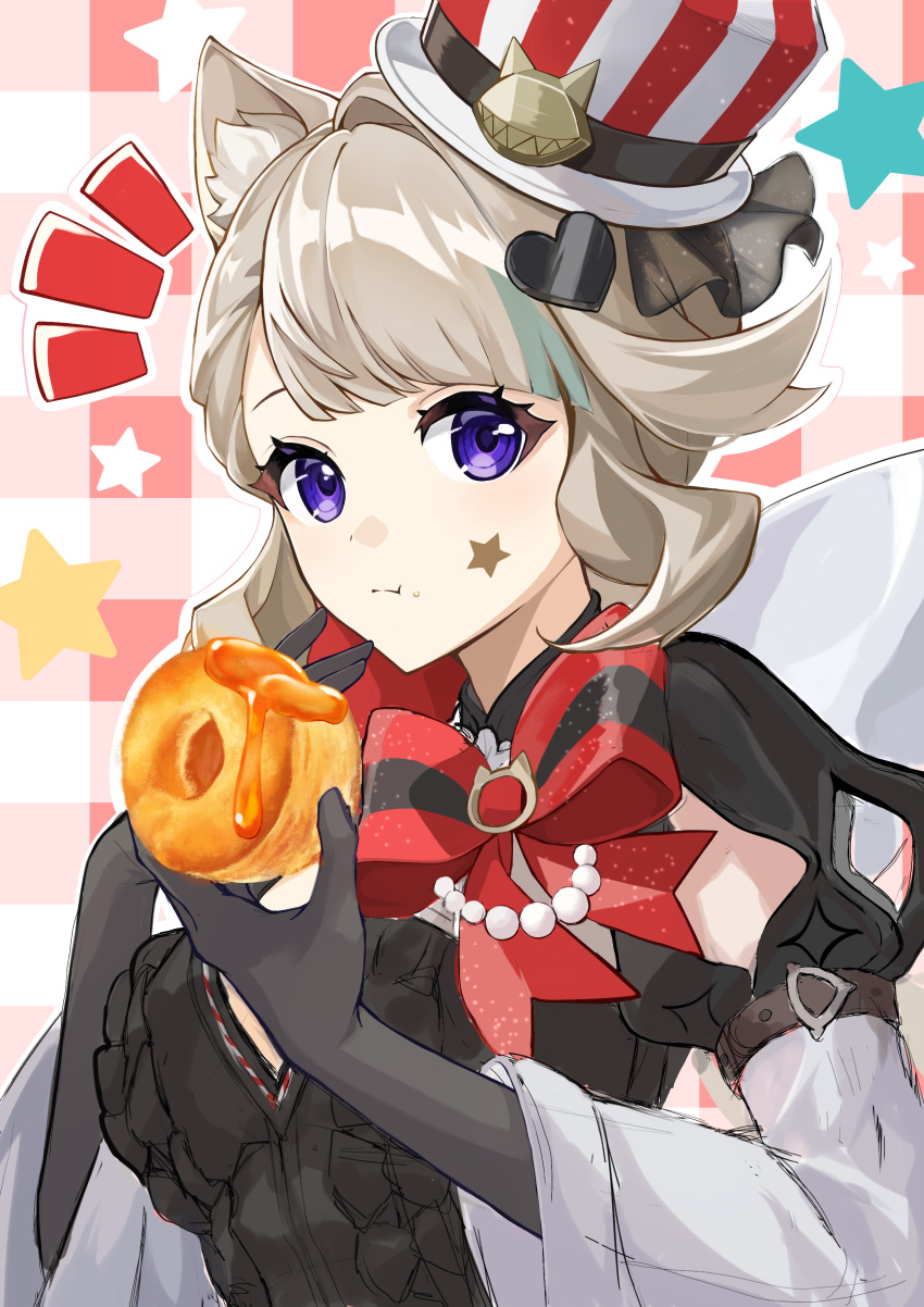 absurdres animal_ears bare_shoulders black_gloves bow breasts cat_ears doughnut facial_mark female food genshin_impact gloves grey_hair hat highres holding holding_food long_sleeves looking_at_viewer lynette_(genshin_impact) lynette_(kfc)_(genshin_impact) medium_breasts mutumumu official_alternate_costume purple_eyes red_bow red_hat short_hair solo star_(symbol) striped_clothes striped_headwear vertical-striped_clothes vertical-striped_headwear white_hat