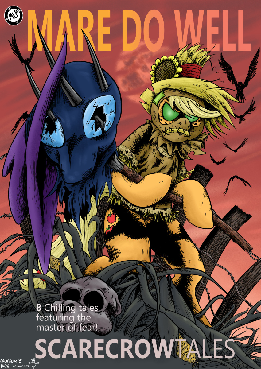 absurd_res applejack_(mlp) avian barbed_wire batman_(series) bird bone clothing corn corvid corvus_(genus) costume cover cover_art cover_page crow dc_comics earth_pony equid equine farm farmer female fence food friendship_is_magic glowing glowing_eyes halloween halloween_costume hasbro hat headgear headwear hi_res holidays horse inktober inktober_2024 inktoberchallenge mammal mare_do_well_(mlp) my_little_pony oscine passerine pitchfork plant pony scarecrow skull solo straw_hat superhero superhero_costume supervillain tools uniomie villains