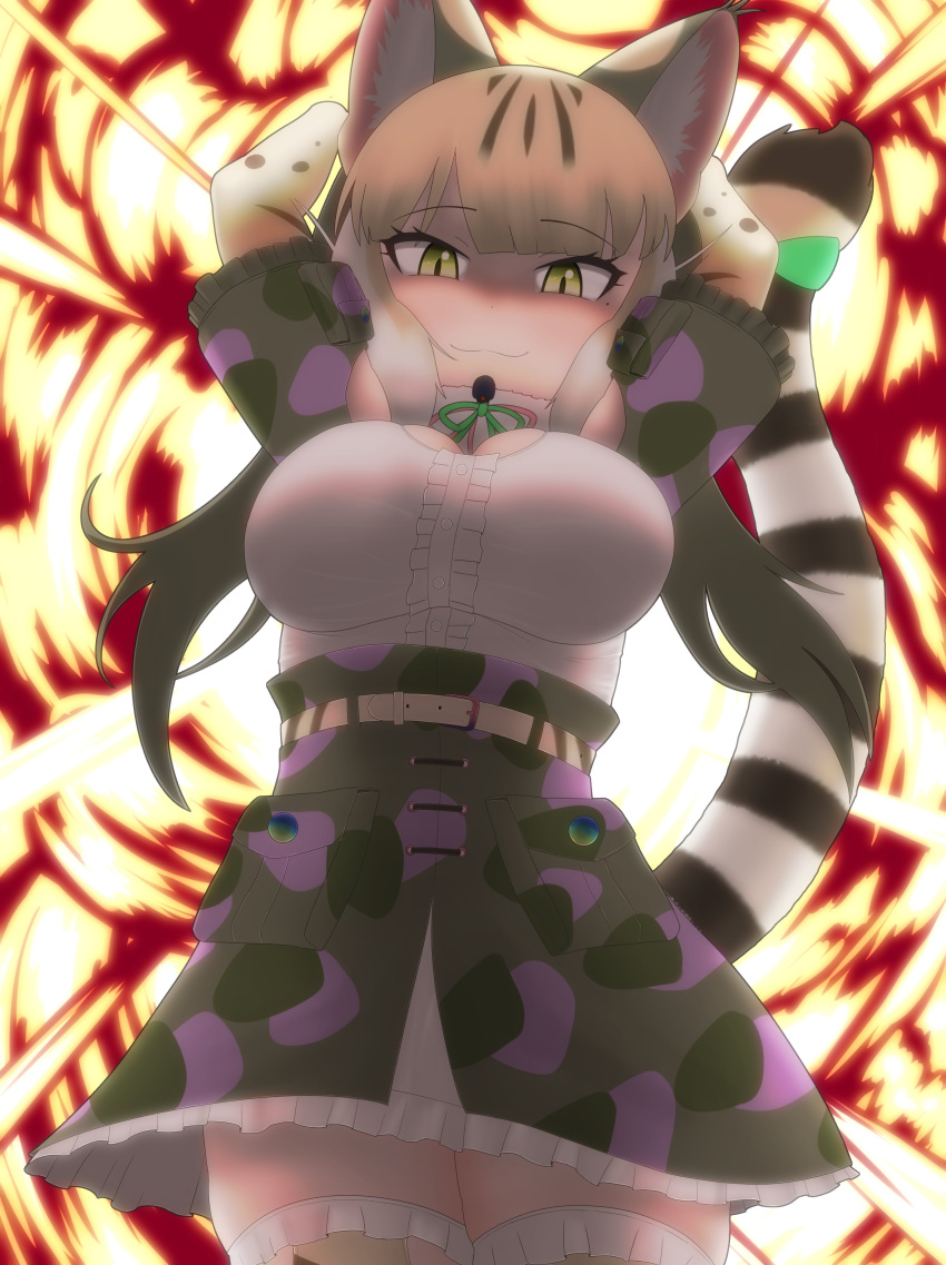 absurdres animal_ears belt camouflage cat_ears cat_girl cat_tail elbow_gloves explosion extra_ears female gloves green_eyes grey_hair highres jacket jungle_cat_(kemono_friends) kemono_friends kemono_friends_v_project long_hair looking_at_viewer microphone rest_in_muni ribbon shirt skirt solo tail thighhighs twintails virtual_youtuber