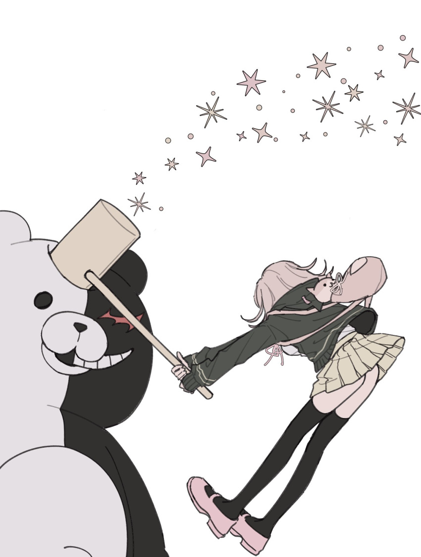 animal_bag ass brown_hair brown_skirt cat_bag danganronpa:_trigger_happy_havoc danganronpa_(series) danganronpa_2:_goodbye_despair female flipped_hair hair_ornament hammer highres holding holding_hammer jacket long_sleeves medium_hair monokuma nanami_chiaki photo-referenced pink_bag pleated_skirt raamensusure shirt skirt smile thighhighs tokyo_joshi_pro_wrestling white_shirt