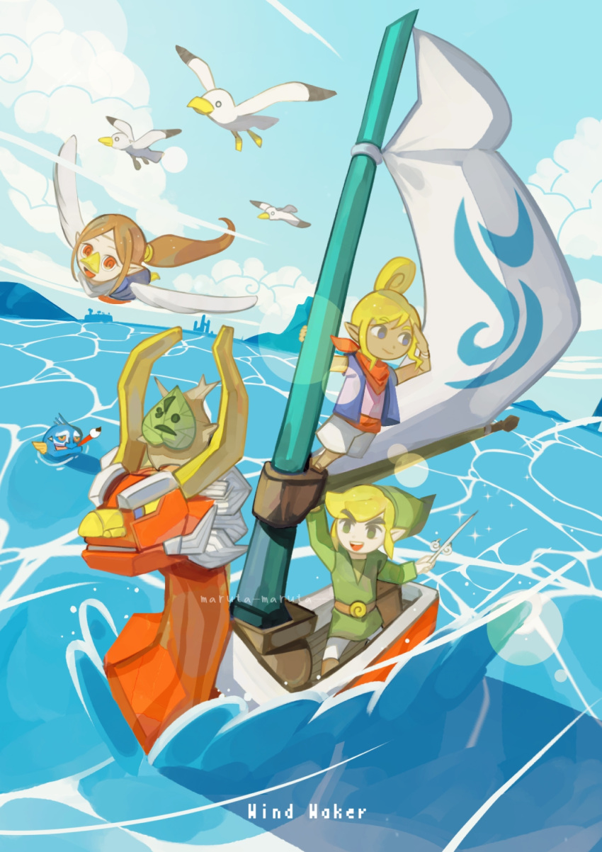 animal_humanoid avian avian_humanoid bird boat clothing cloud day detailed_background english_text female fish fishman_(wind_waker) group gull hi_res humanoid humanoid_pointy_ears hylian king_of_red_lions korok lari larid makar male marine maruta_maruta medli nintendo pirate_leader_tetra rito rito_humanoid sea shirt text the_legend_of_zelda toon_link topwear tunic vehicle water watercraft wind_waker