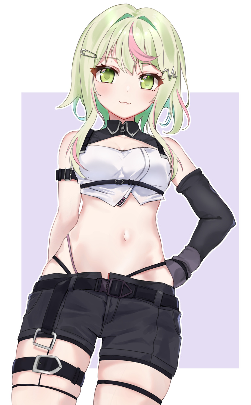 :3 absurdres arm_belt asa_(azainagamasa) bandeau belt black_belt black_gloves black_panties black_shorts blush breasts closed_mouth cowboy_shot elbow_gloves female gloves green_eyes green_hair hair_intakes hand_on_own_hip highleg highleg_panties highres hinokuma_ran looking_at_viewer midriff multicolored_hair nanashi_inc. navel open_fly panties pink_hair purple_background short_hair_with_long_locks shorts sidelocks simple_background single_elbow_glove small_breasts smile solo stomach streaked_hair thigh_belt thigh_strap two-tone_background underwear virtual_youtuber white_background white_bandeau