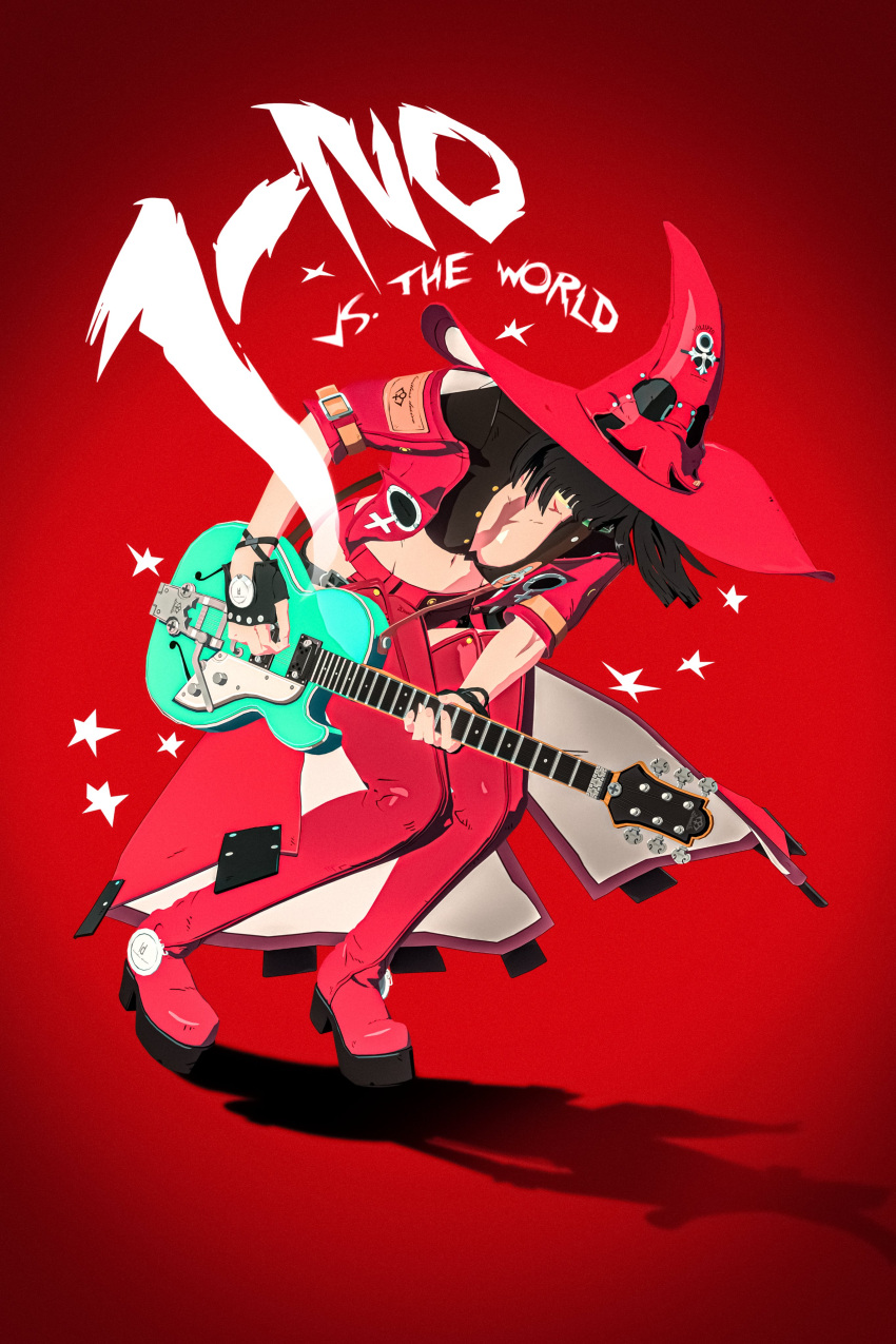 absurdres black_hair boots breasts cleavage electric_guitar female fingerless_gloves gloves guilty_gear guilty_gear_strive guitar hat highres i-no instrument medium_breasts ragunyu red_footwear red_hat red_leather scott_pilgrim_(series) short_hair solo thigh_boots venus_symbol witch_hat