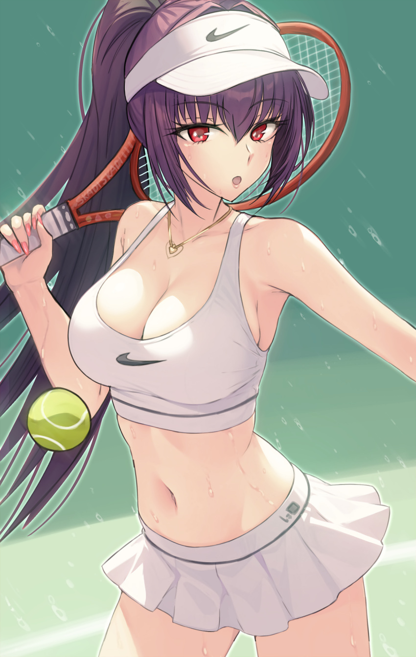 ball bare_shoulders breasts dynamitenatalia fate/grand_order fate_(series) highres holding holding_racket jewelry large_breasts midriff miniskirt navel necklace pendant purple_hair racket red_eyes scathach_(fate) scathach_skadi_(fate) shoes skirt sneakers sports_bra sportswear tennis_ball tennis_racket tennis_skirt tennis_uniform visor_cap