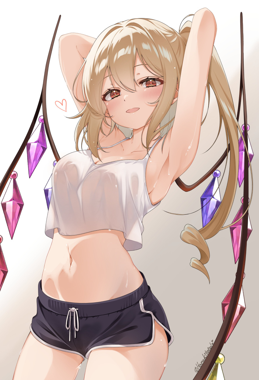 absurdres alternate_costume armpits arms_behind_head arms_up bare_shoulders black_shorts blonde_hair blush camisole collarbone commentary_request cowboy_shot dolphin_shorts female flandre_scarlet gradient_background grey_background hair_between_eyes haruki_(colorful_macaron) heart highres long_hair looking_at_viewer midriff navel no_headwear one_side_up red_eyes shorts smile solo touhou twitter_username white_background white_camisole wings