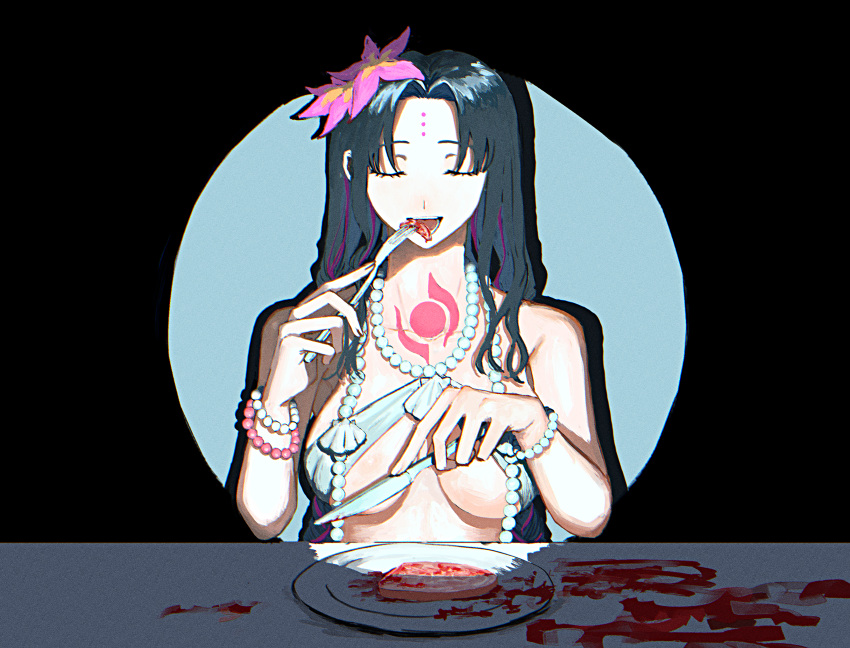 1473ex absurdres black_hair blood bracelet breasts closed_eyes collarbone commentary_request eating facial_mark facing_viewer fate/grand_order fate_(series) female flower food forehead_mark fork hair_flower hair_ornament highres holding holding_fork holding_knife jewelry knife long_hair meat medium_breasts multicolored_hair necklace parted_bangs pearl_bracelet pearl_necklace pink_flower plate purple_hair sessyoin_kiara sessyoin_kiara_(swimsuit_mooncancer) sessyoin_kiara_(swimsuit_mooncancer)_(first_ascension) shell shell_necklace solo spotlight streaked_hair tattoo teeth upper_body very_long_hair