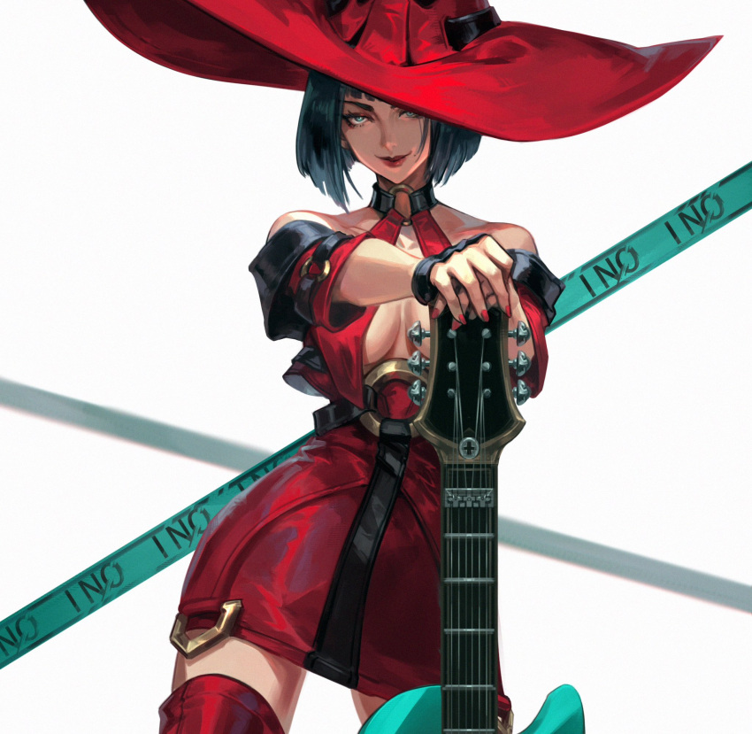 bare_shoulders black_choker black_hair boots breasts choker cleavage detached_sleeves electric_guitar female fingerless_gloves gloves guilty_gear guitar hat highres holding holding_guitar holding_instrument i-no instrument large_breasts looking_at_viewer mole mole_under_mouth red_hat red_lips red_nails short_hair simple_background smile solo steve_zheng thigh_boots white_background witch_hat