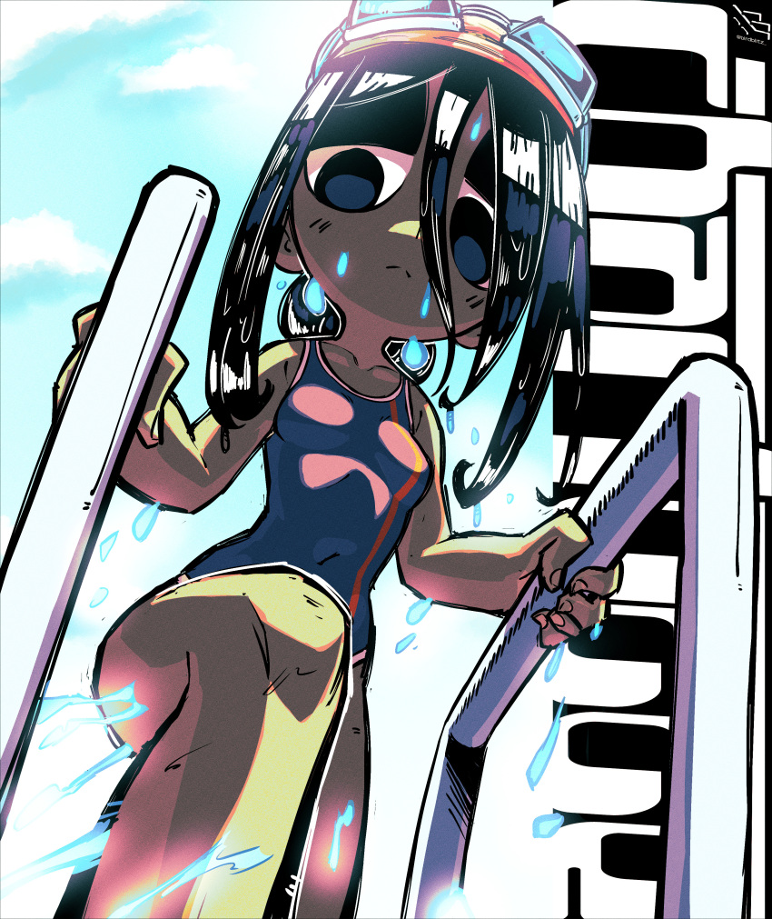 absurdres birdblitz black_hair blue_one-piece_swimsuit blue_sky breasts character_name collarbone covered_navel expressionless female from_below goggles goggles_on_head hair_between_eyes highres long_hair looking_at_viewer one-piece_swimsuit original pool_ladder sky solo swim_cap swim_goggles swimsuit water water_drop wet