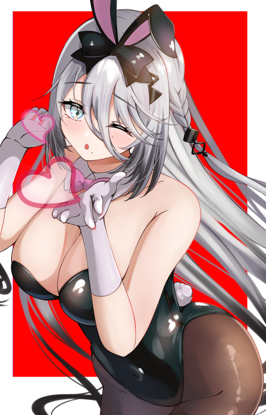 +_+ ;o animal_ears bare_shoulders black_bow black_hair black_leotard blowing_kiss blue_eyes border bow bowtie braid breasts brown_pantyhose covered_navel detached_collar fake_animal_ears fake_tail female gloves gradient_hair grey_eyes grey_hair hair_between_eyes hairbow heart highleg highleg_leotard highres hisousakuya large_breasts latex latex_leotard leotard long_hair long_hair_between_eyes looking_at_viewer mole mole_under_each_eye mole_under_eye mole_under_mouth multicolored_hair multiple_moles nijisanji one_eye_closed outside_border pantyhose pink_bow pink_bowtie playboy_bunny rabbit_ears rabbit_tail red_background side_braid solo sophia_valentine strapless strapless_leotard tail thighband_pantyhose traditional_bowtie triangle_hair_ornament very_long_hair virtual_youtuber white_border white_gloves