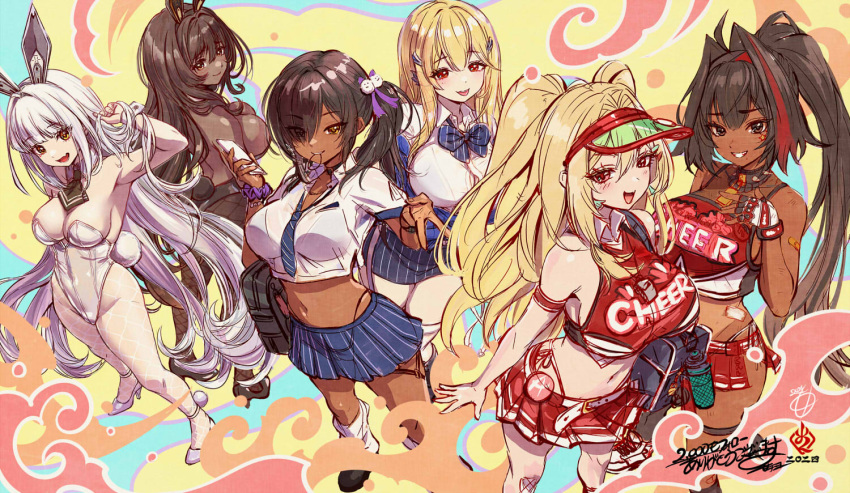 6+girls 777_(nikke) animal_ears bare_shoulders bay_(nikke) black_hair blanc_(nikke) blonde_hair blue_bow blue_bowtie blush bow bowtie breasts brown_eyes brown_hair cheerleader clay_(nikke) collared_shirt crop_top dark-skinned_female dark_skin dazzling_pearl_(nikke) detached_collar fake_animal_ears female fishnets goddess_of_victory:_nikke gyaru hair_intakes hair_ornament huge_breasts jewelry kanchiyo large_breasts leotard long_hair multiple_girls naga_(nikke) navel necktie noir_(nikke) panties pantyhose pinstripe_pattern pinstripe_skirt playboy_bunny ponytail rabbit_ears red_skirt rewind_(nikke) scrunchie shirt siblings sisters skirt tia_(nikke) trait_connection underwear very_long_hair visor_cap white_hair white_leotard white_shirt wrist_scrunchie yellow_eyes