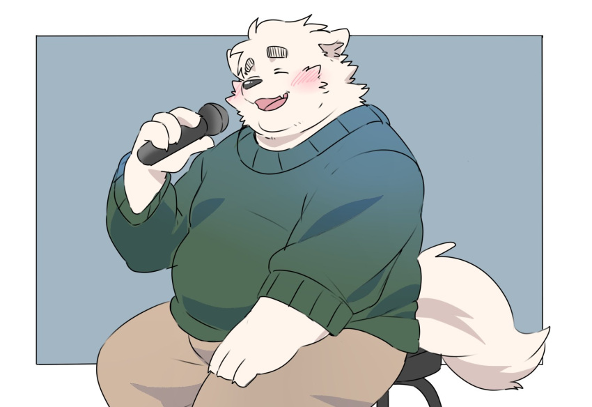 2024 anthro belly big_belly blush bottomwear canid canine canis closed_eyes clothing domestic_dog electronics hi_res inunoshippo kemono male mammal microphone overweight overweight_male pants simple_background sitting solo sweater topwear