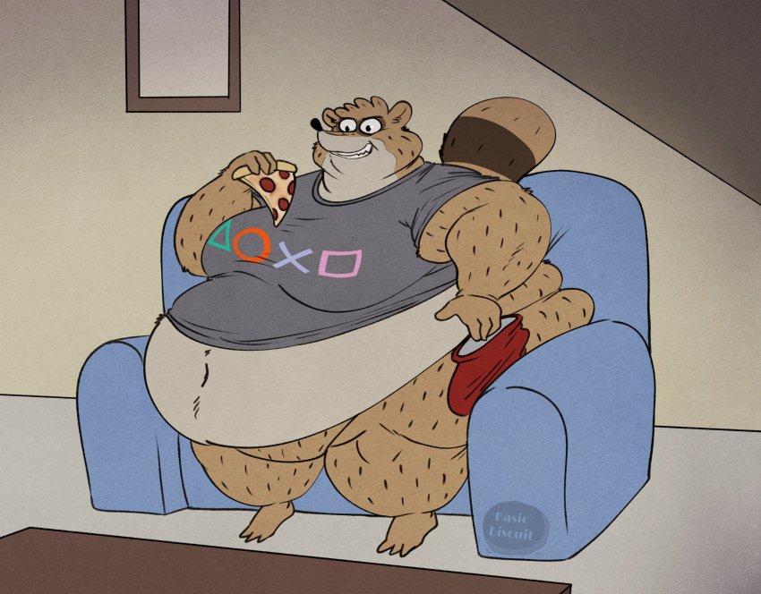 2024 anthro bag basicbiscuit belly big_belly cartoon_network clenched_teeth clothing fangs food fur furniture hi_res holding_food holding_object holding_pizza inside male mammal morbidly_obese morbidly_obese_anthro morbidly_obese_male navel obese obese_anthro obese_male on_sofa overweight overweight_anthro overweight_male pizza pizza_slice playstation playstation_button_symbol playstation_shirt procyonid raccoon regular_show rigby_(regular_show) shirt signature sitting sitting_on_sofa smile sofa solo sony_corporation sony_interactive_entertainment teeth topwear