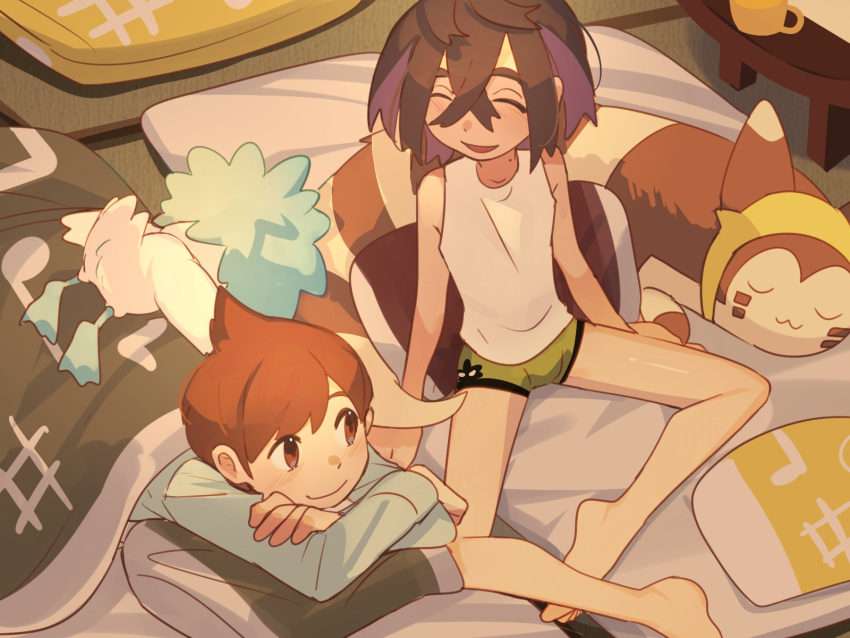 2boys :d barefoot blue_shirt brown_eyes brown_hair closed_eyes closed_mouth commentary_request crossed_bangs cup florian_(pokemon) furret futon green_male_underwear hair_between_eyes highres indoors kieran_(pokemon) long_sleeves lying male_focus male_underwear mole mole_on_neck multiple_boys on_stomach open_mouth pillow pokemon pokemon_(creature) pokemon_sv quaxly shirt short_hair sitting sleeveless sleeveless_shirt smile suikaels table tatami toes underwear white_shirt