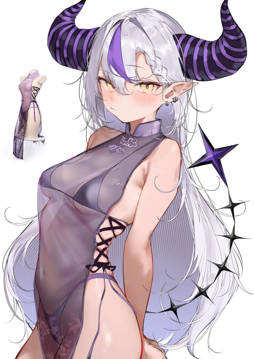 absurdres armpit_crease arms_behind_back bare_arms bare_shoulders bikini blush braid braided_bangs breasts closed_mouth commentary covered_navel cross-laced_clothes cross-laced_dress demon_girl demon_horns demon_tail dress ear_piercing female grey_hair hair_between_eyes highres hololive horns huge_horns la+_darknesss long_hair looking_at_viewer multicolored_hair pepq piercing pointy_ears purple_bikini purple_dress purple_hair purple_horns reference_inset see-through_clothes see-through_dress sideless_dress simple_background small_breasts solo streaked_hair striped_horns swimsuit symbol-only_commentary tail upper_body virtual_youtuber white_background yellow_eyes