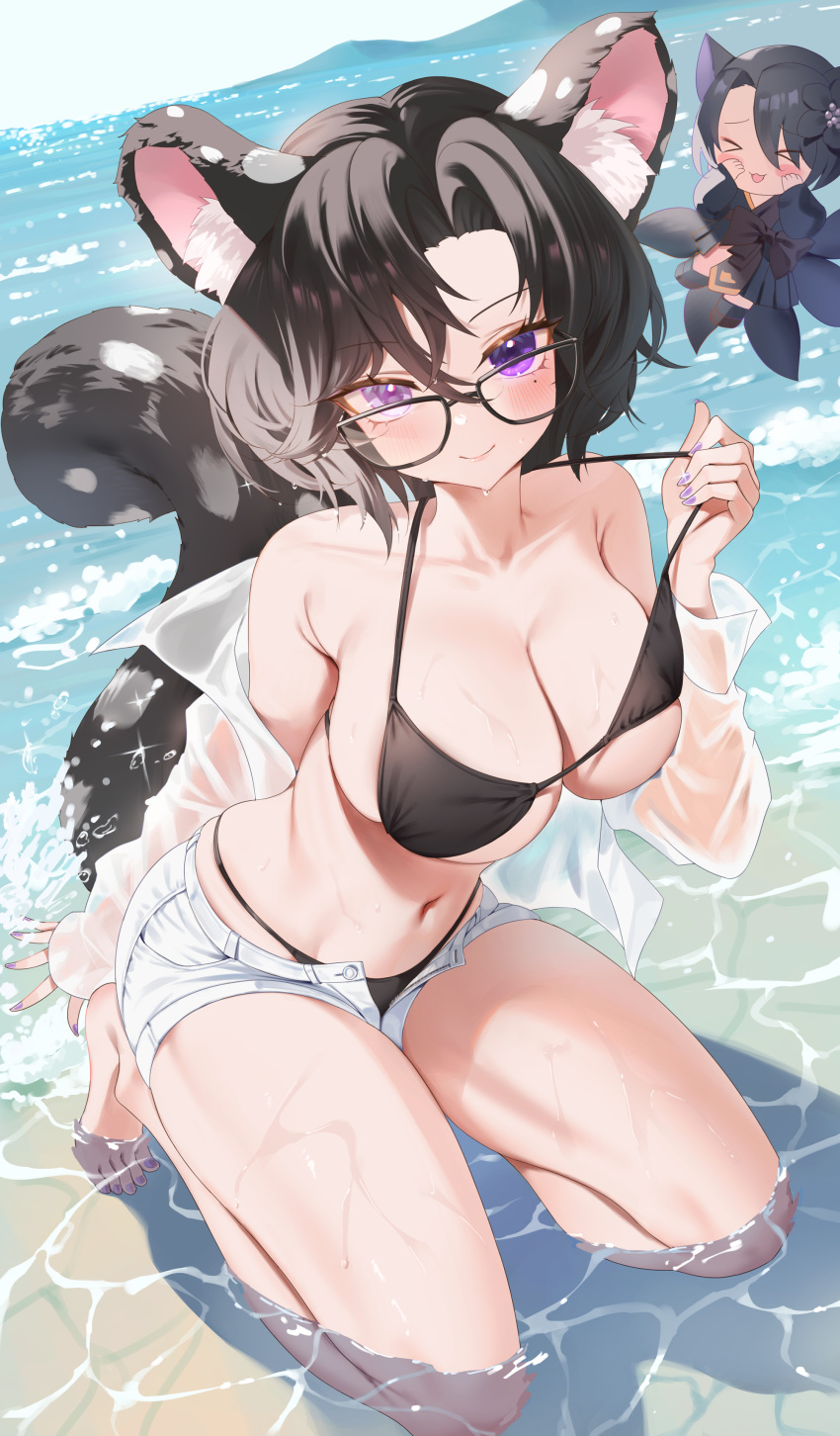 2girls absurdres animal_ears bikini bikini_pull black-framed_eyewear black_bikini black_hair breasts closed_eyes clothes_pull flower hair_flower hair_ornament highres japanese_clothes kitsune kneeling kyuubi large_breasts medium_hair multiple_girls multiple_tails navel ocean original outdoors purple_eyes purple_nails see-through_clothes shirt short_shorts shorts solo_focus swimsuit tail wet wet_clothes wet_shirt zzo_(chorizzzzo)