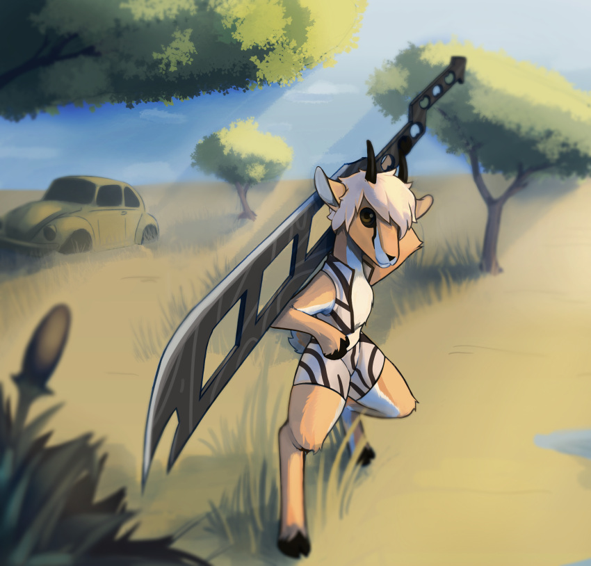 2022 antelope anthro black_horn black_nose blonde_hair blue_sky bottomwear bovid brown_eyes cattail_(plant) chest_tuft clothed clothing cloud cloven_hooves day detailed_background exagono16 female female_anthro field full-length_portrait gazelle hair hi_res holding_melee_weapon holding_object holding_sword holding_weapon hoof_hands hooves horizon horn huge_sword light lighting looking_at_viewer mammal melee_weapon open_clothing open_topwear open_vest outside oversized_weapon pattern_bottomwear pattern_clothing pattern_shorts pattern_topwear pattern_vest plant portrait pose short_hair shorts sky smile snout solo standing striped_bottomwear striped_clothing striped_shorts striped_topwear striped_vest stripes sword sword_on_shoulder three-quarter_view topwear tree tuft vest volkswagen_beetle warrior weapon