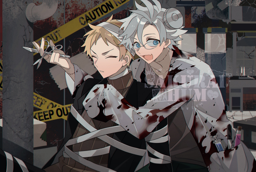 2boys artist_name atou_haruki bandages black_jacket black_pants blonde_hair blood blood_on_clothes blue_eyes brown_sweater chinese_commentary closed_eyes commentary_request glasses grey_hair highres holding holding_scalpel holding_scissors jacket kanou_aogu lab_coat long_sleeves loose_bandages male_focus multiple_boys object_through_head oerba_yun_fang open_clothes open_jacket open_mouth pants saibou_shinkyoku sakuraihum scissors screw_in_head short_hair skin_fang sleeves_past_fingers sleeves_past_wrists smile stitched_neck stitches sweater syringe turtleneck turtleneck_sweater watermark