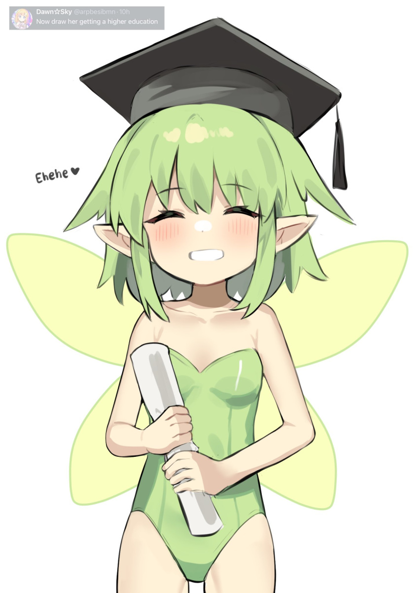 black_souls closed_eyes cowboy_shot facing_viewer fairy female green_hair green_leotard grin hat highres holding holding_scroll leaf_(black_souls) leotard meme monomogi mortarboard now_draw_her_giving_birth_(meme) petite pointy_ears scroll short_hair sidelocks smile solo