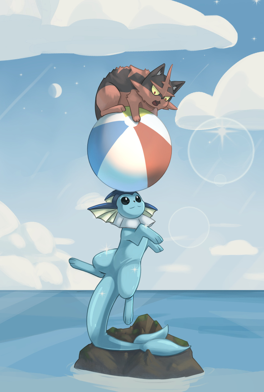 2022 absurd_res ambiguous_feral ambiguous_gender balancing_object balancing_on_tail ball beach_ball black_sclera blue_sky carrying_another cheek_tuft cloud crescent_moon cute_fangs detailed_background digitigrade duo ear_fins eeveelution exagono16 facial_tuft featureless_crotch felid feline feral fin frill_(anatomy) fur generation_1_pokemon generation_7_pokemon glint hi_res horizon inflatable lens_flare mammal marine moon neck_frill nintendo on_ball on_head on_rock open_mouth outside pokemon pokemon_(species) red_eyes rock scared sea sky smile tail torracat tuft vaporeon water yellow_sclera