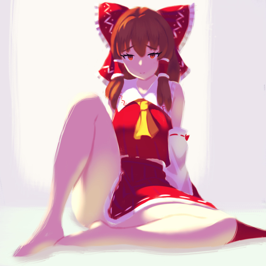 ascot barefoot bow brown_hair detached_sleeves female flandzen full_body hair_tubes hairbow hakurei_reimu highres light_smile red_eyes red_shirt red_skirt ribbon-trimmed_skirt ribbon-trimmed_sleeves ribbon_trim shirt sitting skirt skirt_set sleeveless sleeveless_shirt solo touhou yellow_ascot