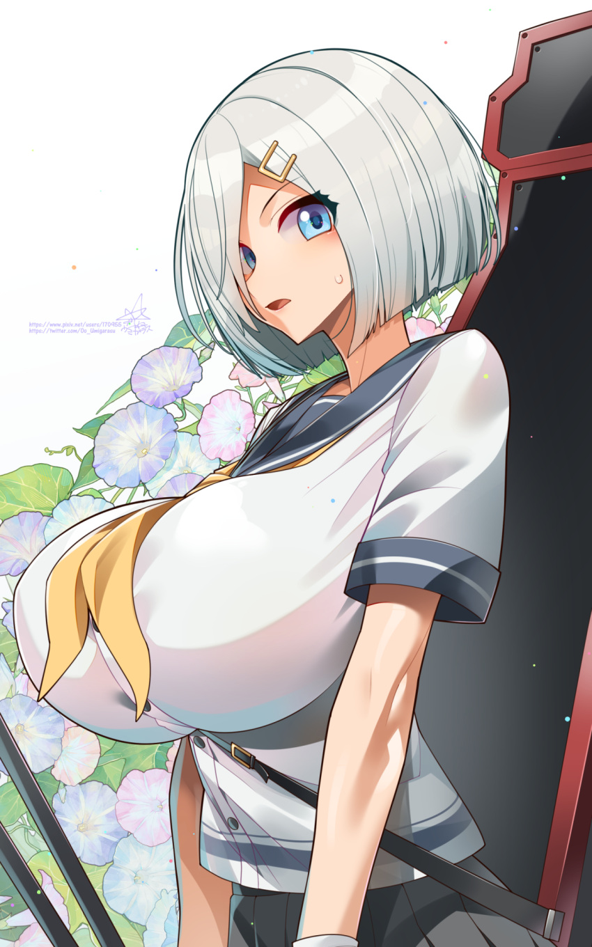 black_skirt blue_eyes blue_flower blush breasts commentary_request female flower gloves grey_hair hair_ornament hair_over_one_eye hairclip hamakaze_(kancolle) highres huge_breasts kantai_collection looking_at_viewer neckerchief open_mouth pink_flower pixiv_username pleated_skirt purple_flower rigging sailor_collar school_uniform serafuku short_hair short_sleeves signature simple_background skirt solo sweat twitter_username umigarasu_(kitsune1963) white_background white_gloves yellow_neckerchief