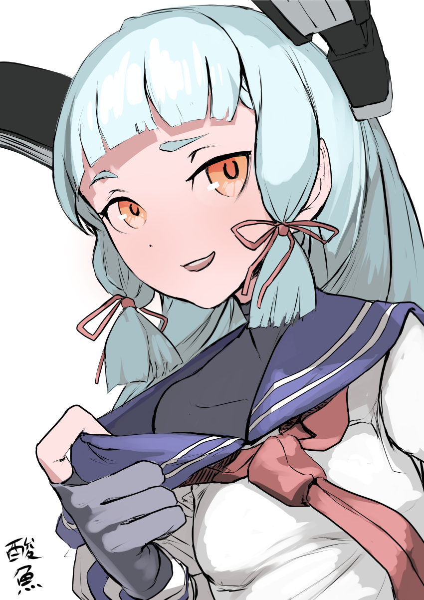 absurdres artist_name black_gloves blunt_bangs female floating_headgear gloves grey_hair hair_ribbon headgear highres kantai_collection long_hair looking_at_viewer murakumo_(kancolle) necktie one-hour_drawing_challenge orange_eyes partially_fingerless_gloves red_necktie ribbon sannsogyoraikai simple_background solo tress_ribbon upper_body white_background