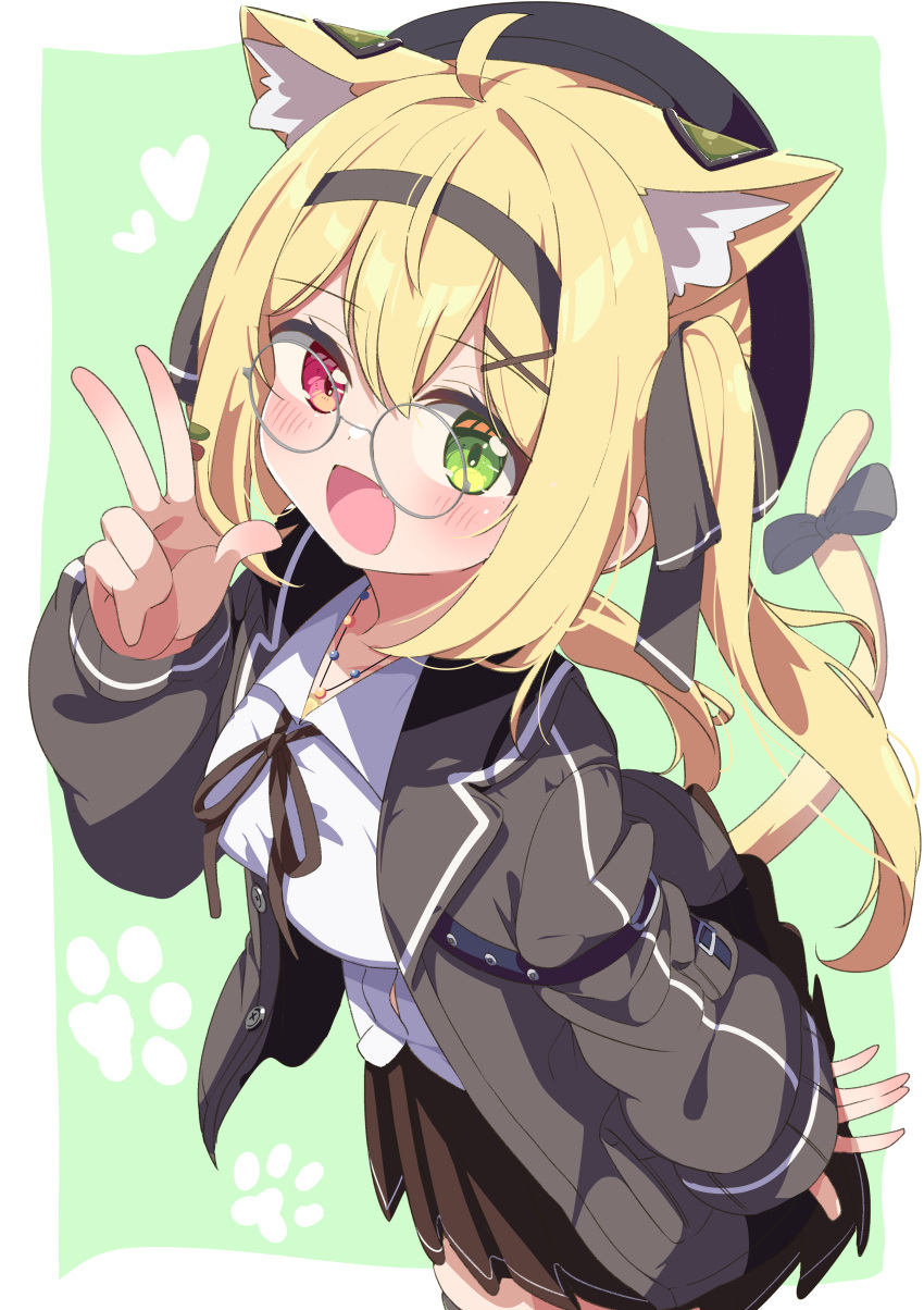 absurdres ahoge animal_ear_fluff animal_ears black_hairband black_hat black_jacket black_ribbon black_skirt blonde_hair blush breasts cat_ears cat_girl cat_tail collared_shirt commission female green_eyes hairband hat heterochromia highres jacket long_hair long_sleeves looking_at_viewer medium_breasts open_mouth original red_eyes ribbon shiro9jira shirt skeb_commission skirt smile solo tail tail_ornament twintails v white_shirt