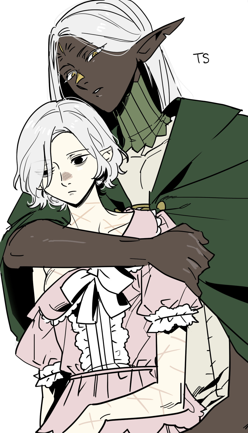 1boy absurdres bags_under_eyes black_eyes breasts cithis cloak dark-skinned_male dark_elf dark_skin dress dungeon_meshi elf facial_mark female forehead_mark genderswap_(ftm) genderswap_(mtf) gorget green_cloak grey_hair highres hood hooded_cloak hug hug_from_behind lazy_eye long_hair mithrun multiple_scars notched_ear oejikim partially_undressed pink_dress pointy_ears rule_63 scar short_hair simple_background small_breasts uneven_eyes upper_body wavy_hair white_background yellow_eyes