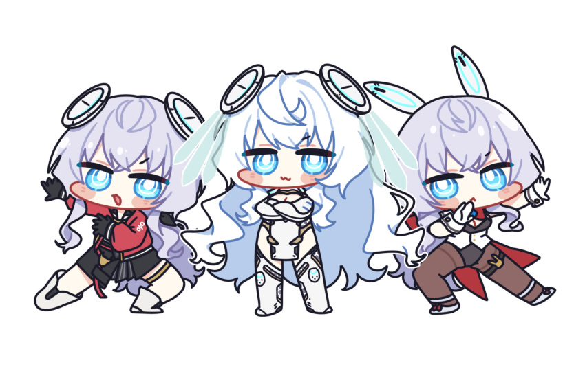 3girls :< :3 animal_ears black_gloves black_leotard blue_eyes blush_stickers bodysuit boots bright_pupils chibi chibi_only commentary commission counter:side crossed_arms fake_animal_ears full_body gloves grey_hair headgear highres horizon_(counter:side) jacket leotard long_hair looking_at_viewer low_ponytail magnet_(akwlspt) multiple_girls multiple_persona official_alternate_costume pantyhose pelvic_curtain playboy_bunny rabbit_ears red_jacket ringed_eyes simple_background standing thigh_strap transparent_background very_long_hair wavy_hair white_bodysuit white_gloves white_hair white_pupils