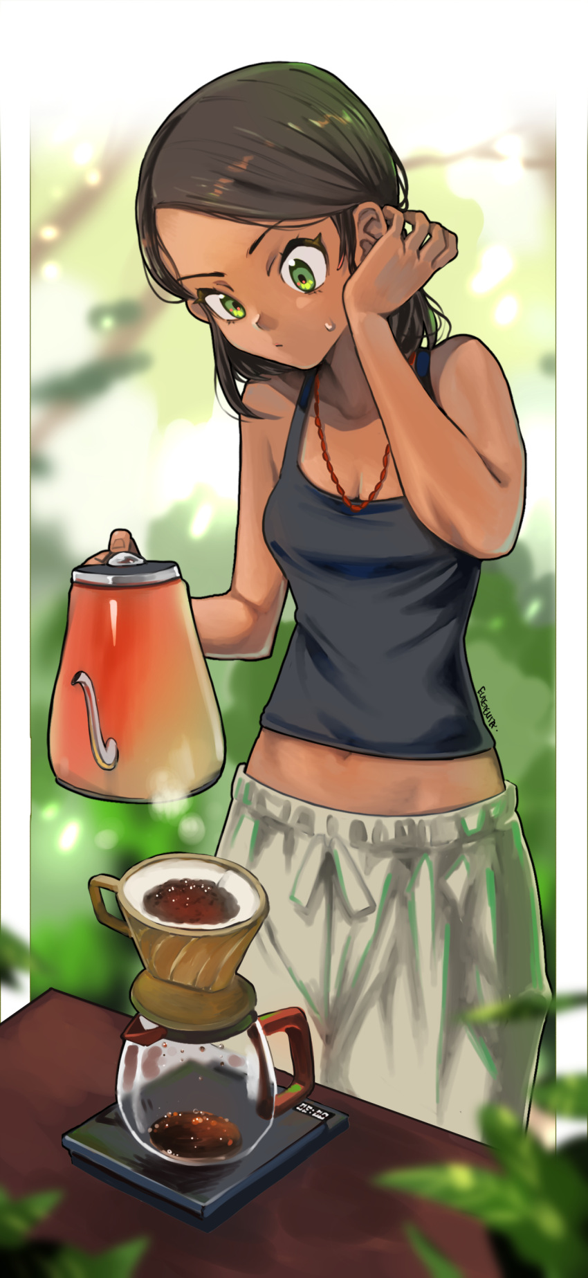 absurdres adjusting_hair blurry blurry_background breasts brown_hair cleavage clip_studio_paint_(medium) coffee coffee_maker commentary cooking dark-skinned_female dark_skin eudetenis female green_eyes highres holding holding_kettle jewelry kettle medium_hair midriff navel necklace original pants plant potted_plant shirt sleeveless sleeveless_shirt small_breasts solo sweat weighing_scale white_pants