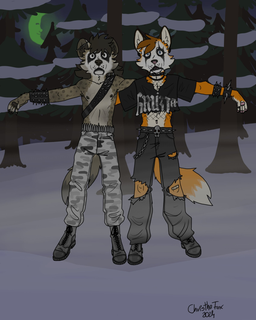 alternative_fashion ammo_belt ammunition anthro bandage bandaged_leg bartek22 belt bracelet canid canine chains chris_the_fox_(bartek22) clothed clothing collar duo ear_piercing ears_up face_mask facial_markings forest forest_background fox green_moon half_moon half_naked halloween head_markings hi_res holidays hyena jewelry looking_at_viewer male male/male mammal markings moon nature nature_background necklace night open_mouth paint piercing plant punk raymond_hyena rock snow spiked_belt spiked_bracelet spiked_collar spikes t-pose teeth teeth_showing torn_clothing tree white_face white_paint