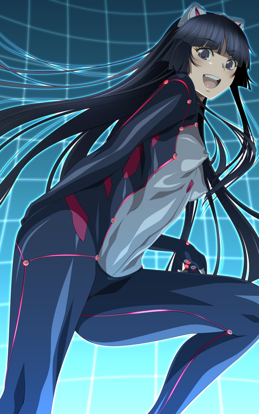 :d animal_ears aoi_nagisa_(metalder) arm_behind_back black_eyes black_hair blue_background blunt_bangs bodysuit breasts cat_ears commentary covered_nipples fake_animal_ears female floating_hair from_side glowing gradient_background grid guilty_crown hairband highres hime_cut leaning_forward long_hair looking_at_viewer open_mouth outline photoshop_(medium) puffy_nipples shiny_clothes skin_tight small_breasts smile solo tsugumi_(guilty_crown) very_long_hair