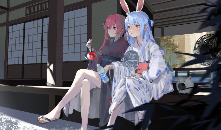 2girls absurdres alternate_hairstyle black_kimono black_sash blue_bow blue_hair bottle bow clothes_lift crossed_legs electric_fan hairbow highres holding holding_bottle hololive houshou_marine japanese_clothes kimono kimono_lift kiriyama legs light_blue_hair multiple_girls no_socks obi orange_eyes porch red_bow red_eyes red_hair red_sash sash shouji sitting sliding_doors tabi thick_eyebrows twintails usada_pekora veranda virtual_youtuber water_bottle white_kimono yukata