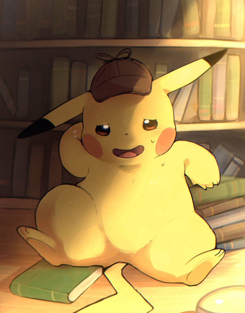 ambiguous_gender bodily_fluids book bookshelf clothing detective_pikachu dorobo_39 furniture generation_1_pokemon hat hat_only headgear headgear_only headwear headwear_only hi_res mostly_nude nintendo open_mouth pikachu pokemon pokemon_(species) semi-anthro simple_background solo sweat yellow_body