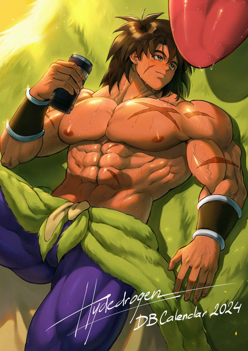 1boy 2024 abs absurdres artist_name bara broly_(dragon_ball_super) brown_eyes brown_hair closed_mouth dragon_ball dragon_ball_super highres holding hydeover9000 large_pectorals long_hair male_focus muscular muscular_male nipples pants pectorals purple_pants saliva scar scar_on_chest scar_on_face solo sweat tongue topless_male veins veiny_arms wristband