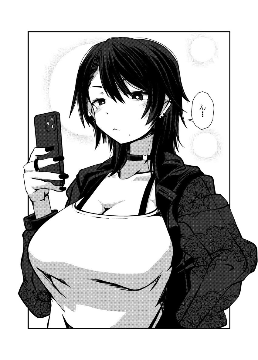 bra_strap breasts cellphone choker cleavage commentary_request ear_piercing earrings female greyscale highres holding holding_phone huge_breasts imagawa_akira jacket jewelry medium_hair mole mole_under_mouth monochrome multiple_earrings nail_polish original phone piercing ring smartphone solo translation_request upper_body