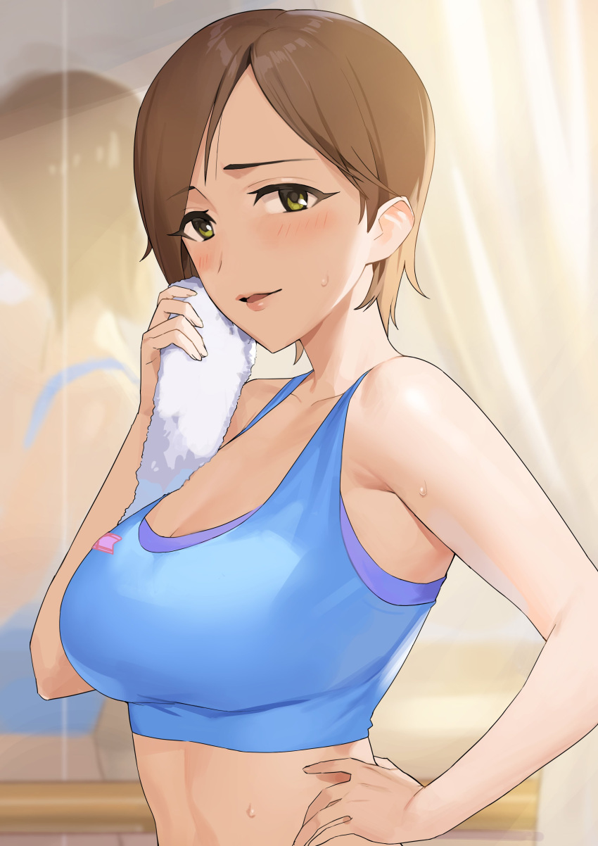 absurdres aikawa_chinatsu bare_shoulders blue_shirt blurry blurry_background blush breasts brown_hair cleavage collarbone cropped_shirt curtains female from_side green_eyes hand_on_own_hip highres holding holding_towel idolmaster idolmaster_cinderella_girls idolmaster_cinderella_girls_starlight_stage medium_breasts midriff mirror no_eyewear onao parted_lips reflection shirt short_hair sleeveless sleeveless_shirt smile solo sweat towel upper_body