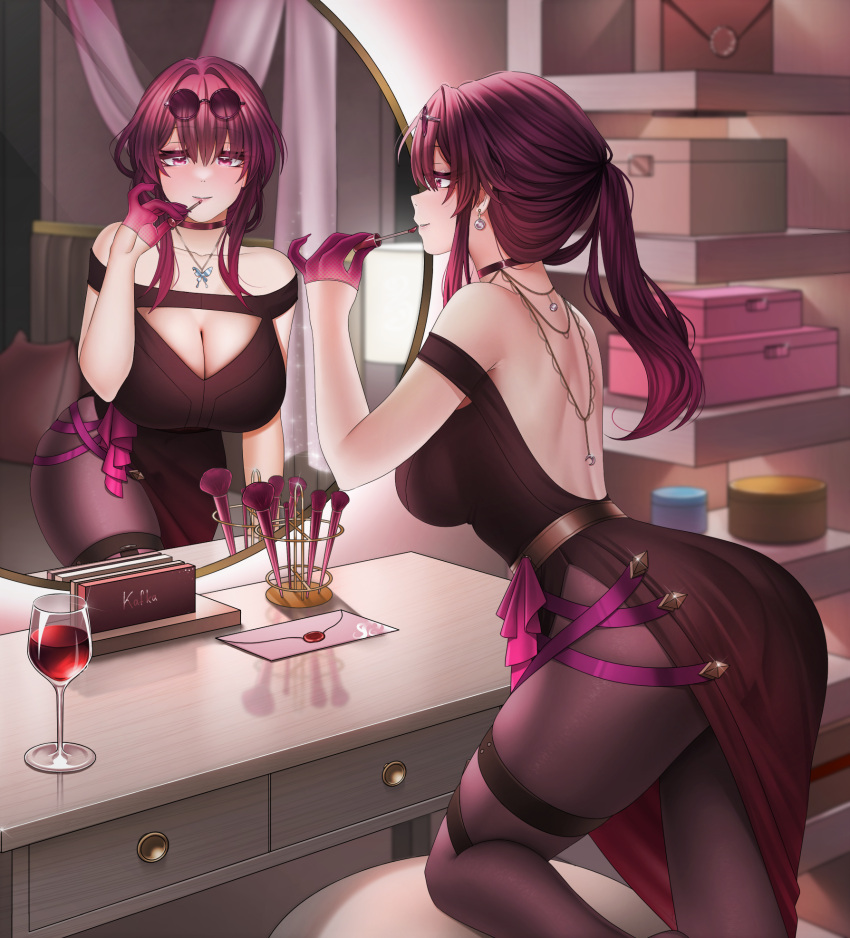 alcohol alternate_costume applying_makeup back backless_dress backless_outfit bare_shoulders box breasts choker cleavage cosmetics cup dress drinking_glass earrings english_commentary eyewear_on_head female gloves half_gloves highres honkai:_star_rail honkai_(series) indoors jewelry kafka_(honkai:_star_rail) large_breasts leaning_forward letter lips lipstick lipstick_tube looking_at_mirror looking_at_self luunamito makeup makeup_brush mirror necklace on_one_knee pantyhose ponytail purple-tinted_eyewear purple_choker purple_dress purple_eyes purple_gloves purple_hair reflection round_eyewear shelf side_slit sidelocks solo stool sunglasses table thighs tinted_eyewear vanity_table wine_glass