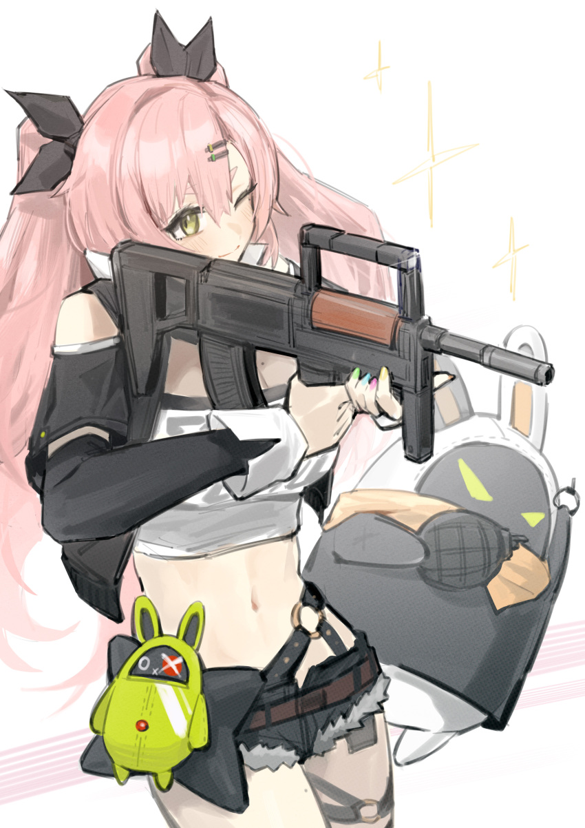 absurdres assault_rifle black_short blush bullpup closed_mouth cowboy_shot dodo_(yatotoyatoto) eous_(zenless_zone_zero) female green_eyes gun hair_ornament hairclip highres holding holding_gun holding_weapon long_hair looking_ahead mole mole_under_eye navel nicole_demara one_eye_closed ots-14_groza pink_hair rifle smile solo standing weapon zenless_zone_zero