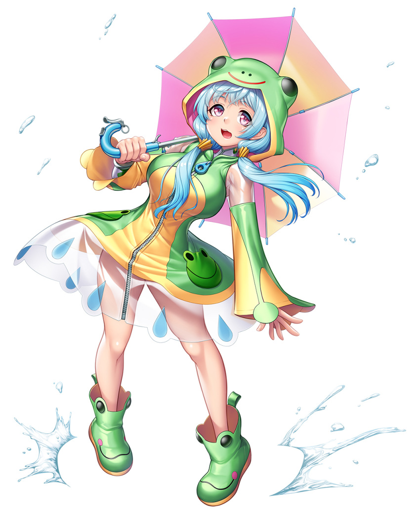 amanaki_ui animal_costume animal_hood blue_hair boots breasts female frog_costume frog_hood green_footwear highres holding holding_umbrella hood large_breasts long_hair purple_eyes rain raincoat rubber_boots see-through_clothes see-through_raincoat solo standing taimanin_(series) taimanin_rpgx twintails umbrella water white_background zipper zol