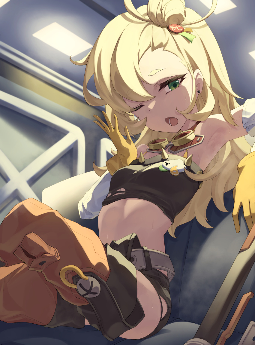 absurdres black_short blonde_hair ceiling cowboy_shot crop_top earrings female gloves gueya hair_between_eyes hair_bun highres jewelry long_hair one_eye_closed open_mouth piper_wheel short_shorts shorts sitting solo sweat yellow_gloves zenless_zone_zero