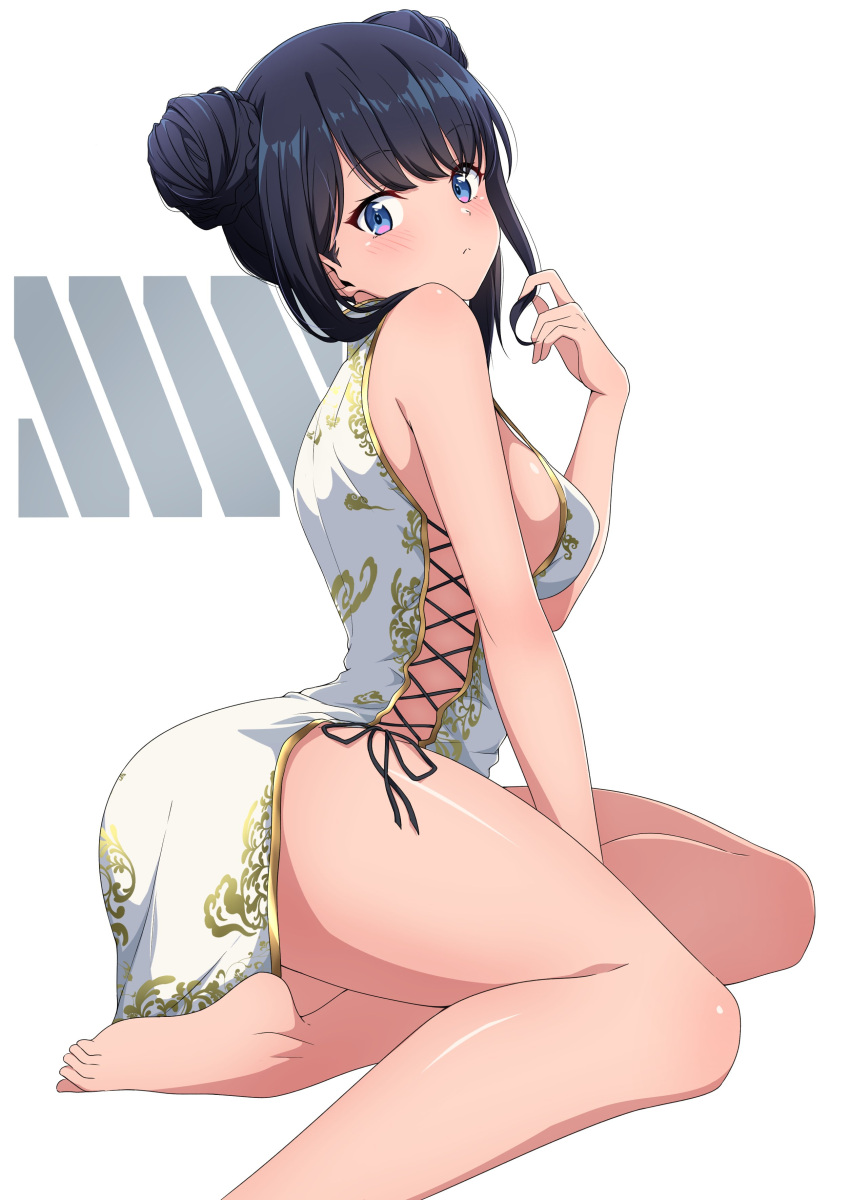 absurdres ass black_hair blue_eyes blush breasts china_dress chinese_clothes double_bun dress female gridman_universe gridman_universe_(film) hair_bun highres long_hair looking_at_viewer nishizuki_shino pelvic_curtain side_slit simple_background solo ssss.gridman takarada_rikka thighs