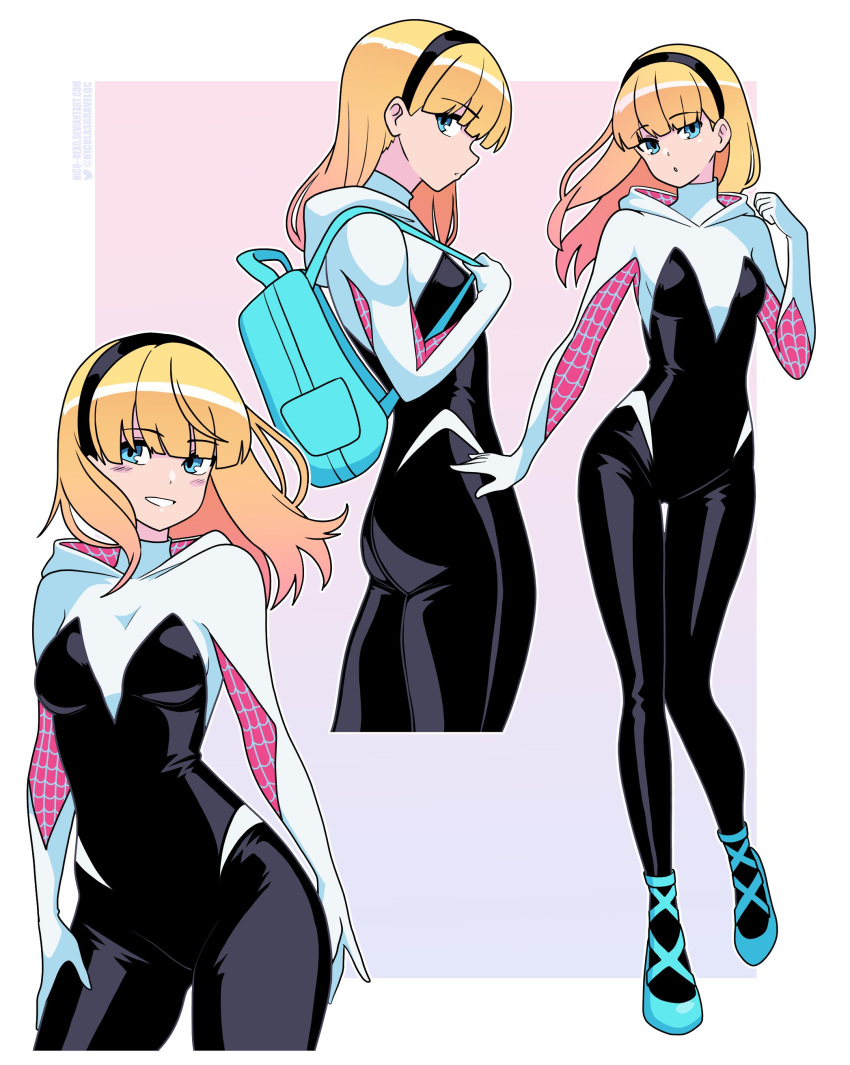 absurdres backpack bag black_bodysuit black_hairband blonde_hair blue_bag blue_eyes blue_footwear bodysuit female gwen_stacy hairband highres hood hooded_bodysuit long_hair marvel multicolored_bodysuit multicolored_clothes multiple_views nico-neko pink_bodysuit spider-gwen spider-man_(series) superhero_costume white_bodysuit